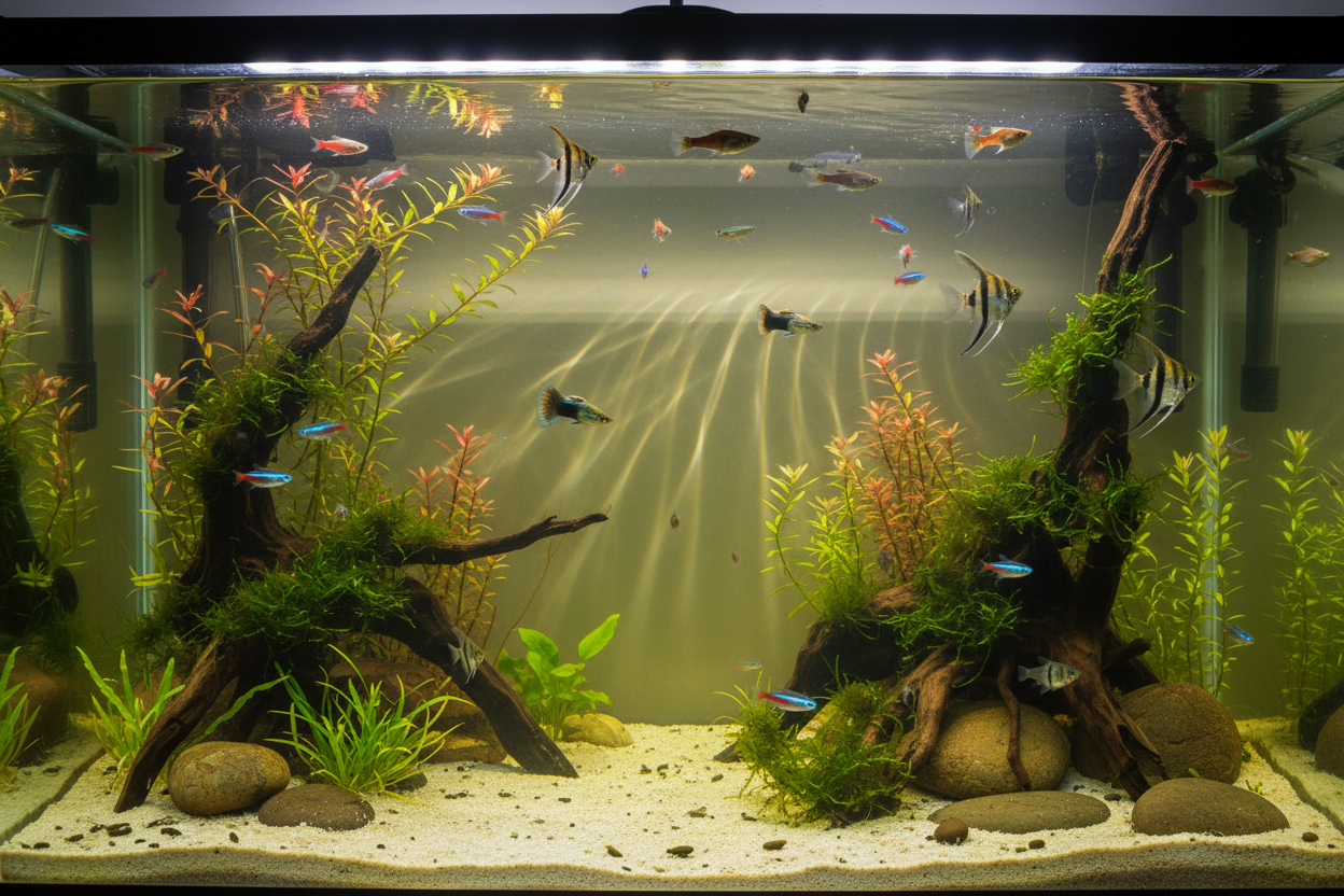 Freshwater Aquarium Fish swimming through a planted tank